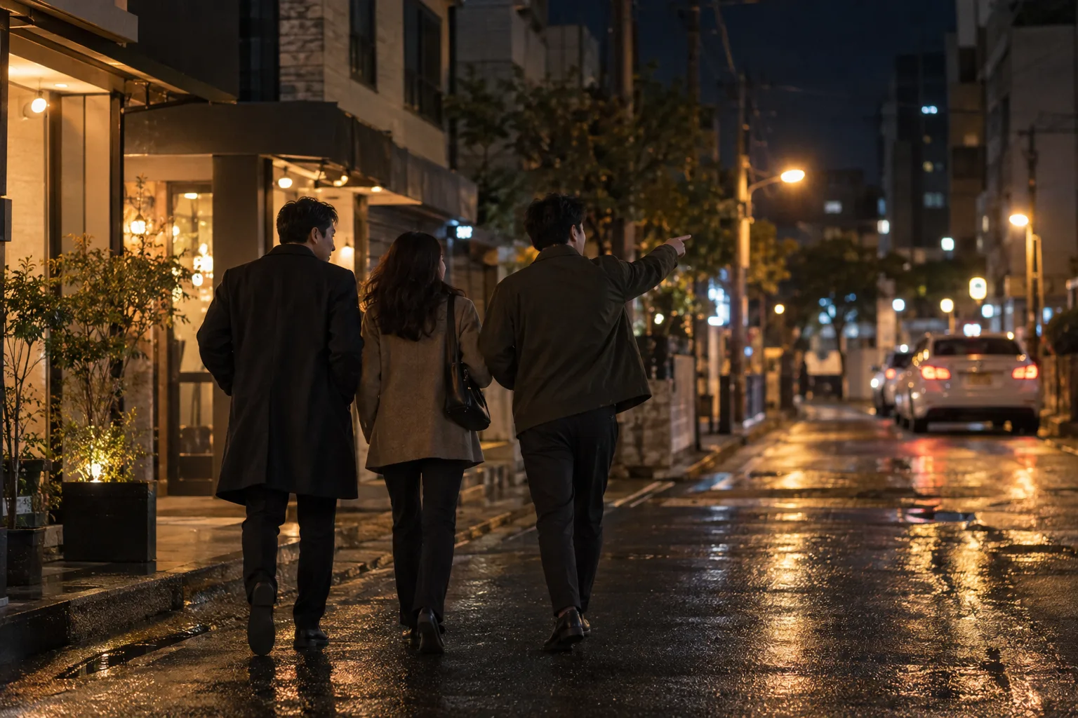 청학동 인근의 야간 도심 길을 함께 이동하는 성인 일행의 연출 이미지