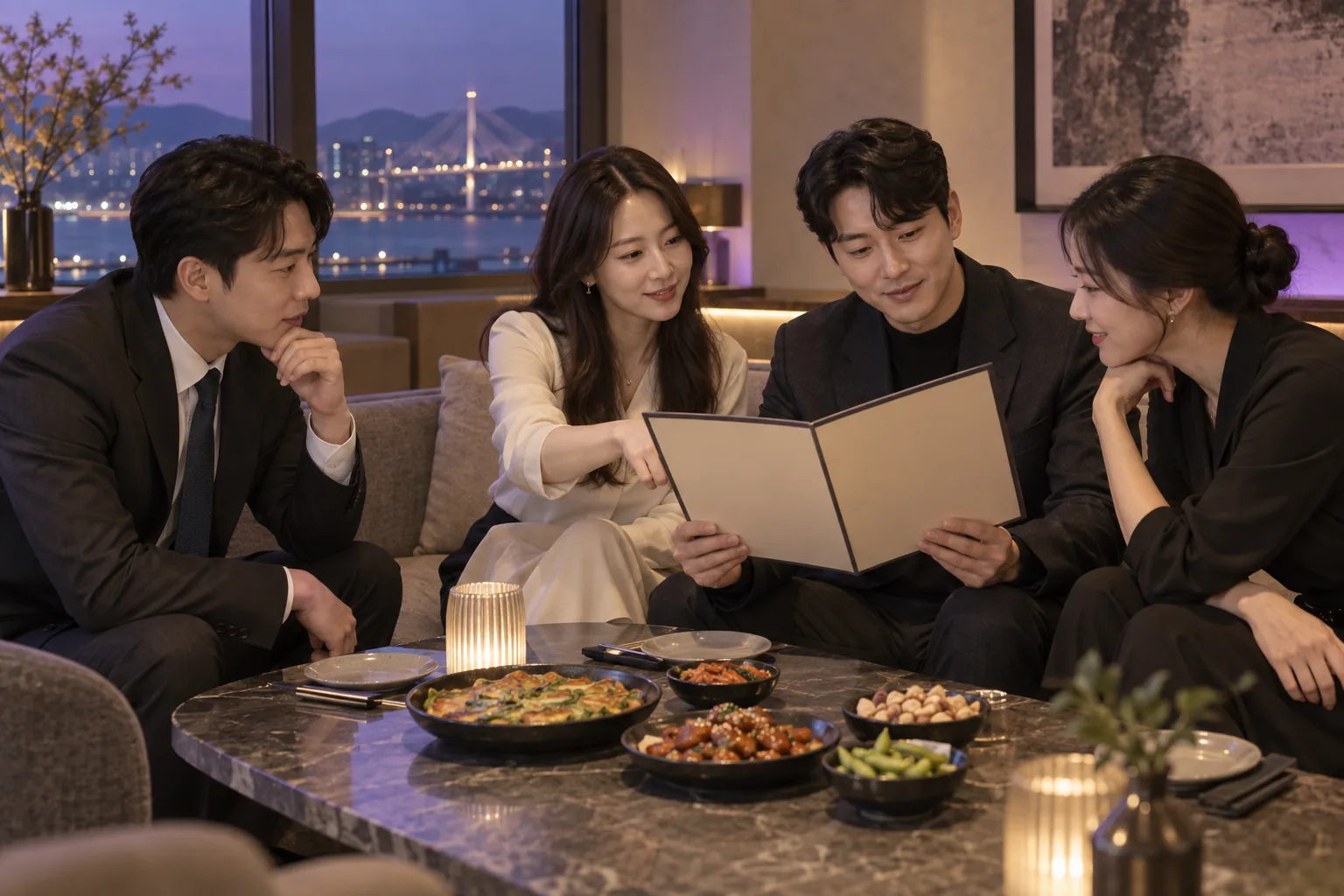 청학동 모임 전 주문할 음식을 함께 살펴보는 한국인 성인 일행